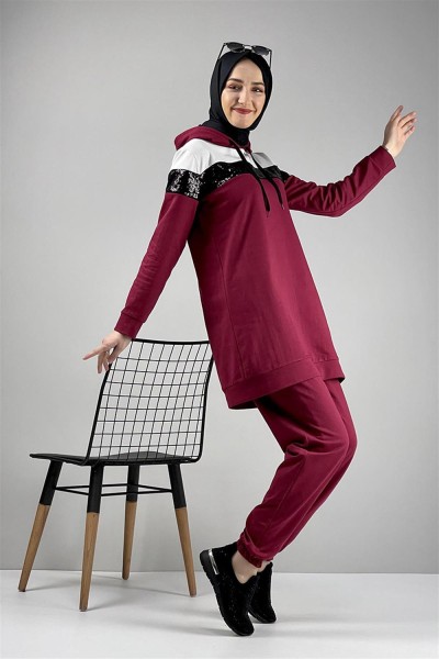 MG - Pul Payet Detaylı Eşofman Takımı BORDO