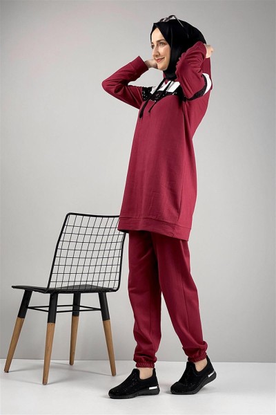 Pul Payet Detaylı Eşofman Takımı BORDO - Thumbnail