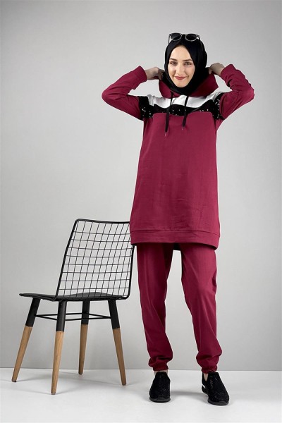 Pul Payet Detaylı Eşofman Takımı BORDO - Thumbnail