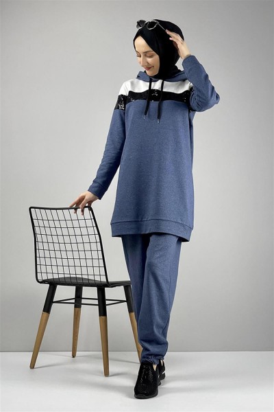 MG - Pul Payet Detaylı Eşofman Takımı İNDİGO