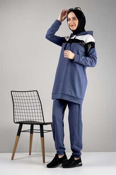 Pul Payet Detaylı Eşofman Takımı İNDİGO - Thumbnail