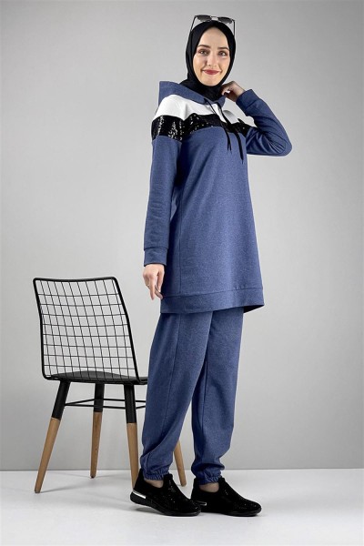 Pul Payet Detaylı Eşofman Takımı İNDİGO - Thumbnail