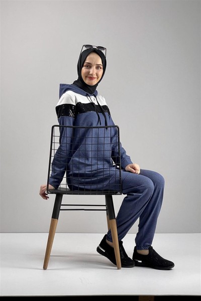 Pul Payet Detaylı Eşofman Takımı İNDİGO - Thumbnail