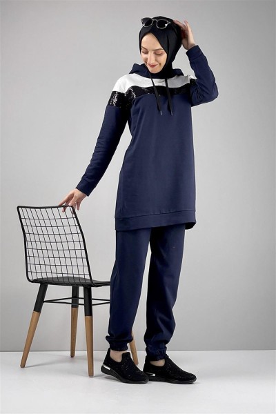 Pul Payet Detaylı Eşofman Takımı LACİVERT - Thumbnail