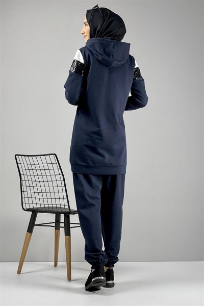 Pul Payet Detaylı Eşofman Takımı LACİVERT - Thumbnail