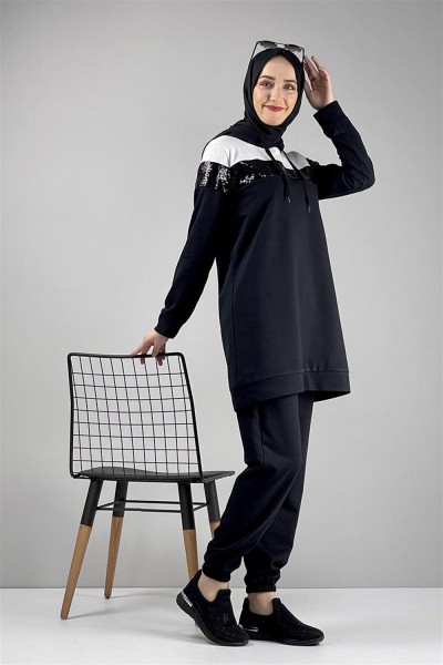 Pul Payet Detaylı Eşofman Takımı SİYAH - Thumbnail