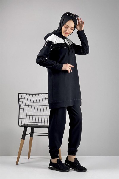 Pul Payet Detaylı Eşofman Takımı SİYAH - Thumbnail