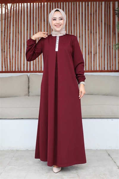 MG - Pul Payetli Tesettür Elbise BORDO