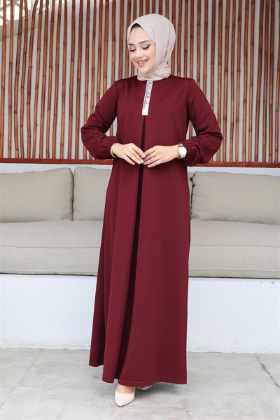 Pul Payetli Tesettür Elbise BORDO - Thumbnail