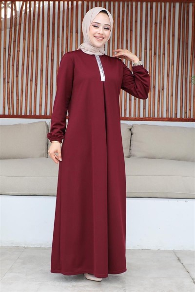Pul Payetli Tesettür Elbise BORDO - Thumbnail