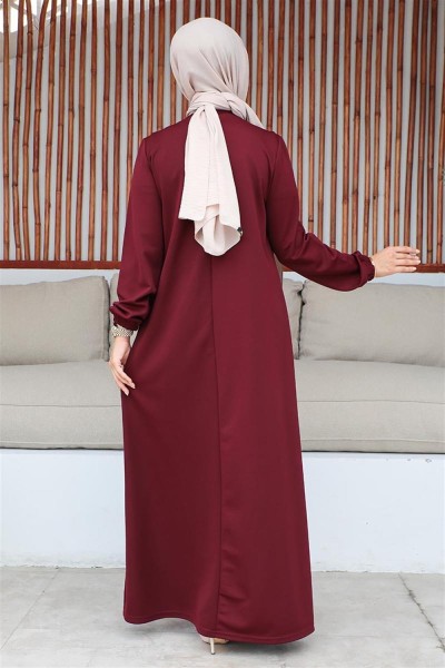 Pul Payetli Tesettür Elbise BORDO - Thumbnail