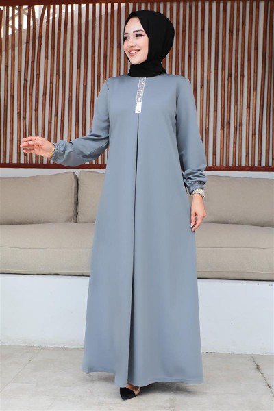 MG - Pul Payetli Tesettür Elbise GRİ