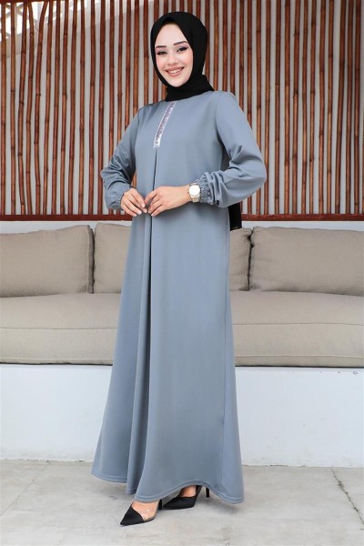 Pul Payetli Tesettür Elbise GRİ - Thumbnail