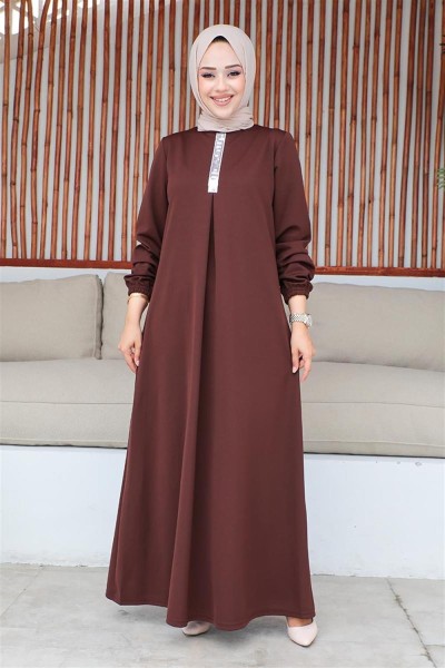 MG - Pul Payetli Tesettür Elbise KAHVERENGİ