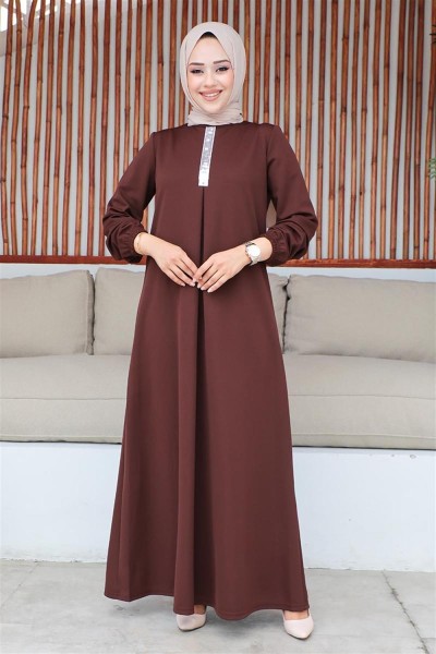 Pul Payetli Tesettür Elbise KAHVERENGİ - Thumbnail