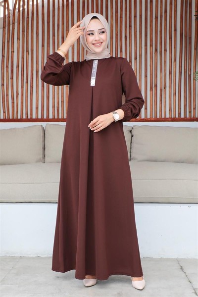 Pul Payetli Tesettür Elbise KAHVERENGİ - Thumbnail