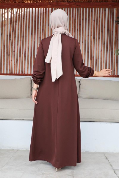 Pul Payetli Tesettür Elbise KAHVERENGİ - Thumbnail