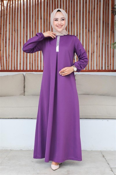 Pul Payetli Tesettür Elbise MOR - Thumbnail