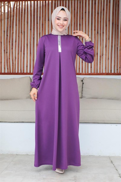 Pul Payetli Tesettür Elbise MOR - Thumbnail