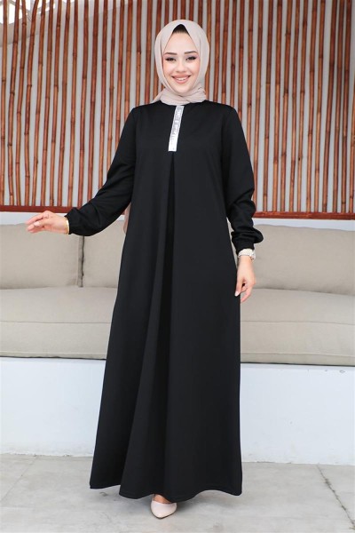 MG - Pul Payetli Tesettür Elbise SİYAH
