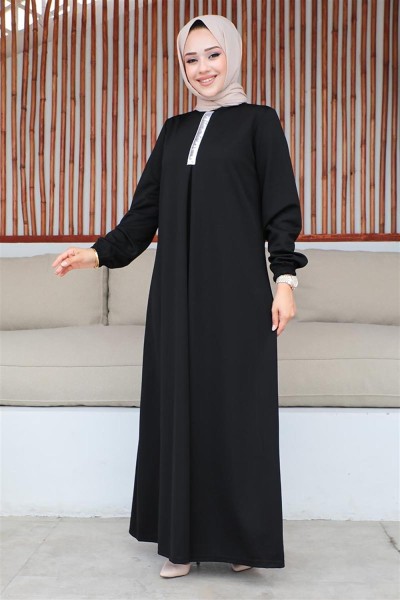 Pul Payetli Tesettür Elbise SİYAH - Thumbnail