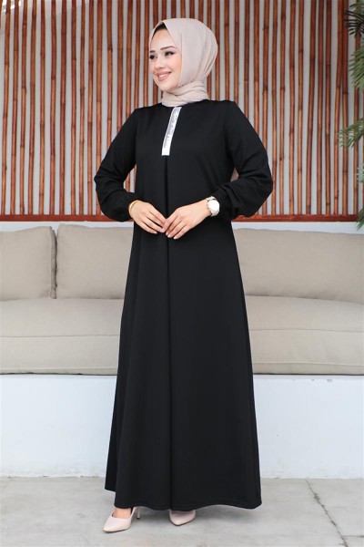 Pul Payetli Tesettür Elbise SİYAH - Thumbnail