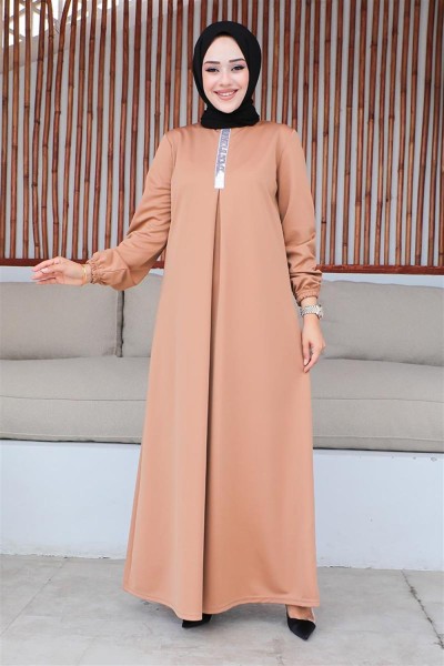 MG - Pul Payetli Tesettür Elbise TABA