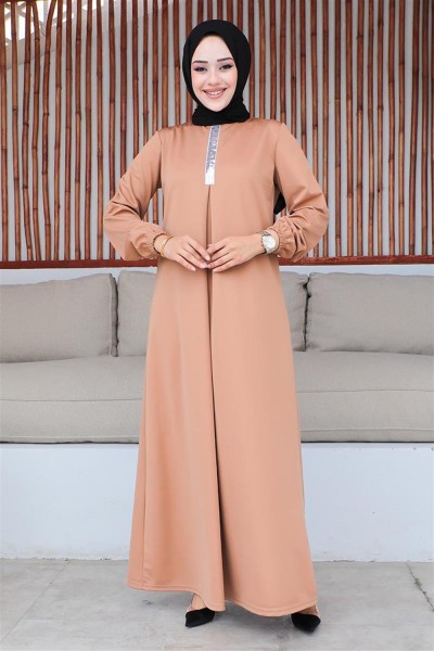 Pul Payetli Tesettür Elbise TABA - Thumbnail