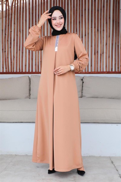 Pul Payetli Tesettür Elbise TABA - Thumbnail