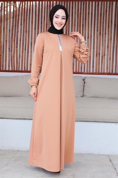 Pul Payetli Tesettür Elbise TABA - Thumbnail