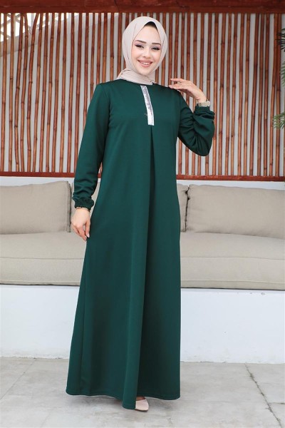Pul Payetli Tesettür Elbise ZÜMRÜT YEŞİLİ - Thumbnail