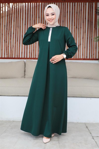 Pul Payetli Tesettür Elbise ZÜMRÜT YEŞİLİ - Thumbnail