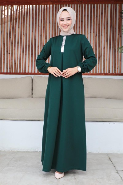 Pul Payetli Tesettür Elbise ZÜMRÜT YEŞİLİ - Thumbnail