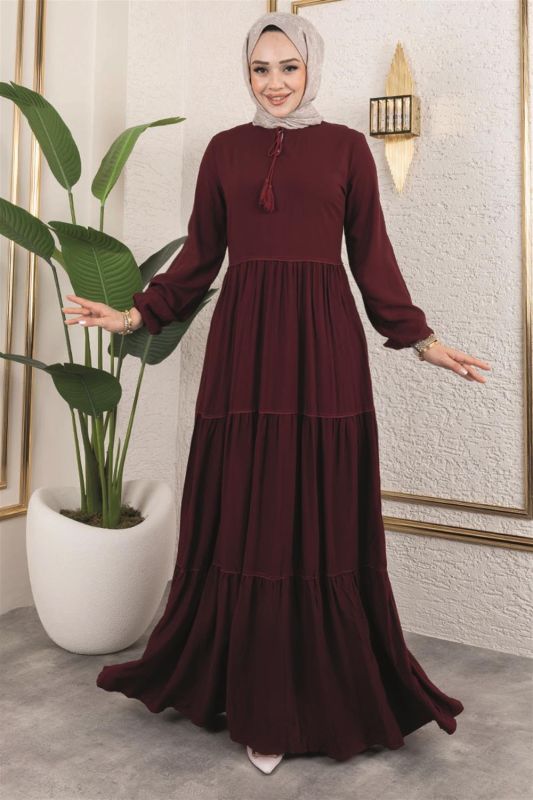 Püskül Detaylı Elbise BORDO - 1