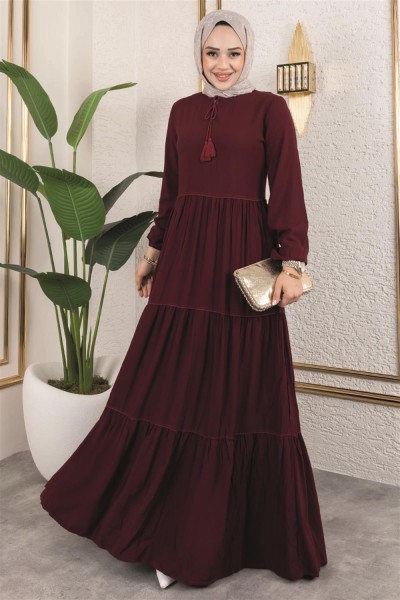 Püskül Detaylı Elbise BORDO - Thumbnail