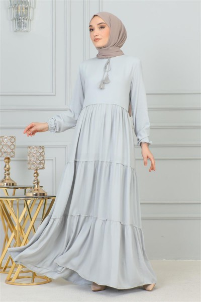 Püskül Detaylı Elbise GRİ - Thumbnail