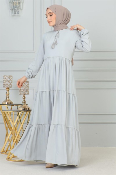 Püskül Detaylı Elbise GRİ - Thumbnail
