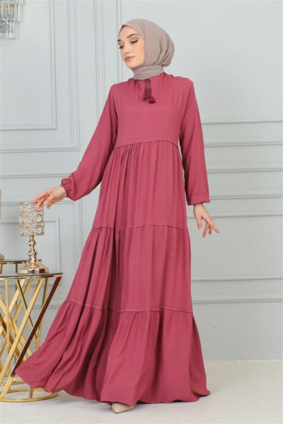 Püskül Detaylı Elbise GÜL KURUSU - Thumbnail