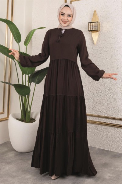 Püskül Detaylı Elbise KAHVERENGİ - Thumbnail
