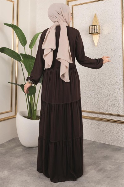 Püskül Detaylı Elbise KAHVERENGİ - Thumbnail