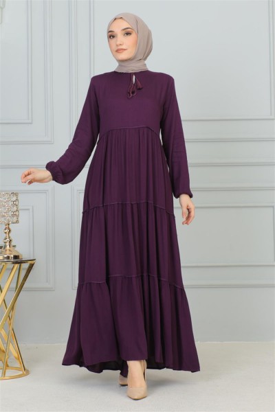 Püskül Detaylı Elbise MOR - Thumbnail