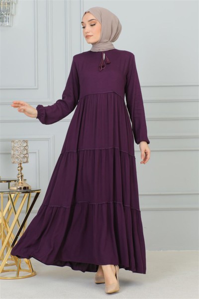 Püskül Detaylı Elbise MOR - Thumbnail