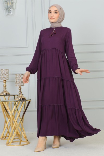 Püskül Detaylı Elbise MOR - Thumbnail