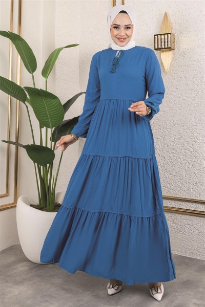 Püskül Detaylı Elbise PETROL - Thumbnail