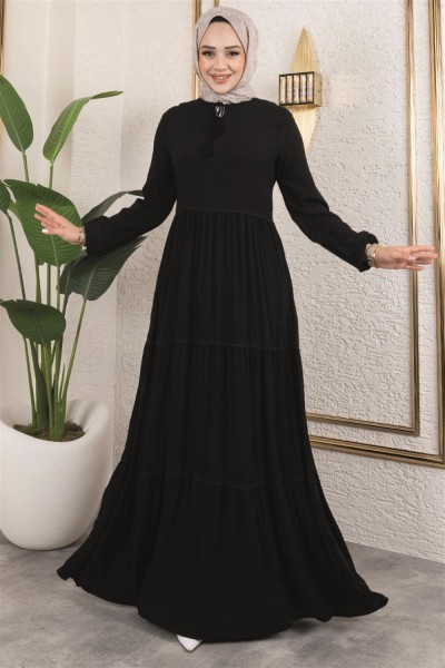 Püskül Detaylı Elbise SİYAH - Thumbnail