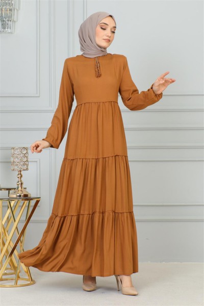 Püskül Detaylı Elbise TÜTÜN - Thumbnail