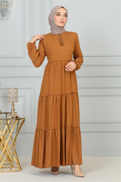 Püskül Detaylı Elbise TÜTÜN - Thumbnail