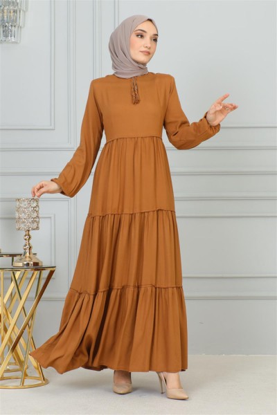 Püskül Detaylı Elbise TÜTÜN - Thumbnail