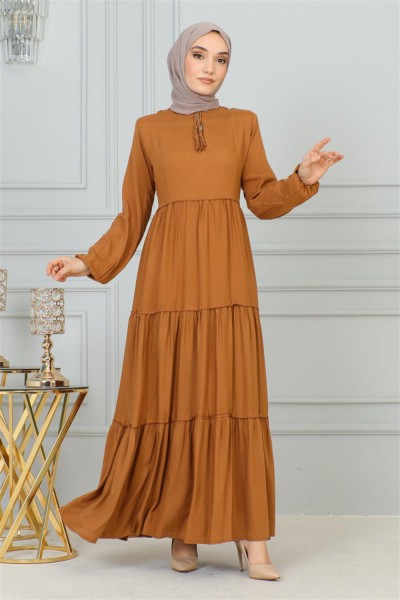 Püskül Detaylı Elbise TÜTÜN - Thumbnail