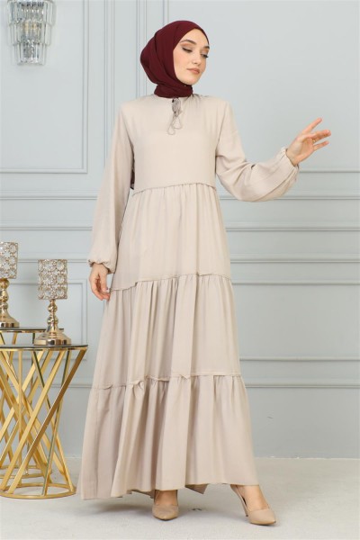 Püskül Detaylı Elbise VİZON - Thumbnail
